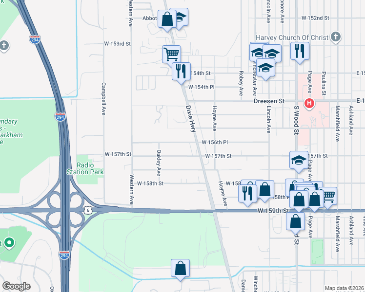 map of restaurants, bars, coffee shops, grocery stores, and more near 2206 West 156th Place in Markham