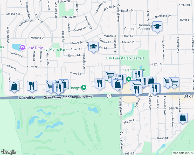map of restaurants, bars, coffee shops, grocery stores, and more near 15718 Peggy Lane in Oak Forest