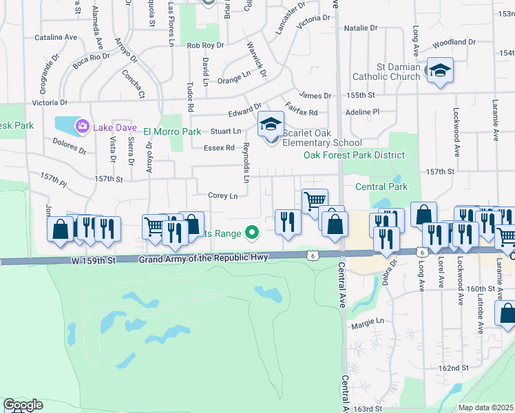 map of restaurants, bars, coffee shops, grocery stores, and more near 15819 Corey Lane in Oak Forest