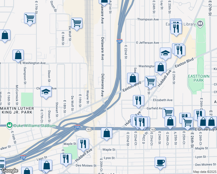map of restaurants, bars, coffee shops, grocery stores, and more near 1440 East 21st Street in Des Moines