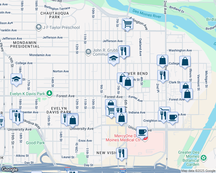 map of restaurants, bars, coffee shops, grocery stores, and more near 1446 8th Street in Des Moines