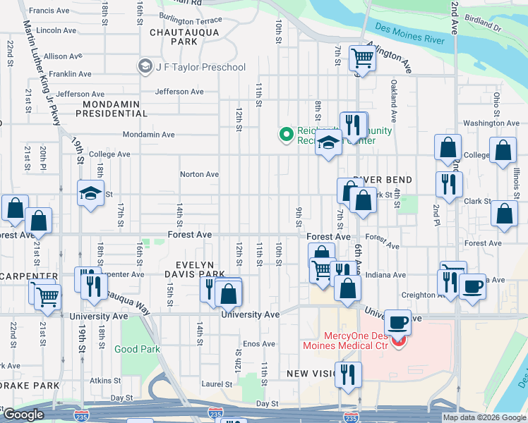 map of restaurants, bars, coffee shops, grocery stores, and more near 1441 11th Street in Des Moines