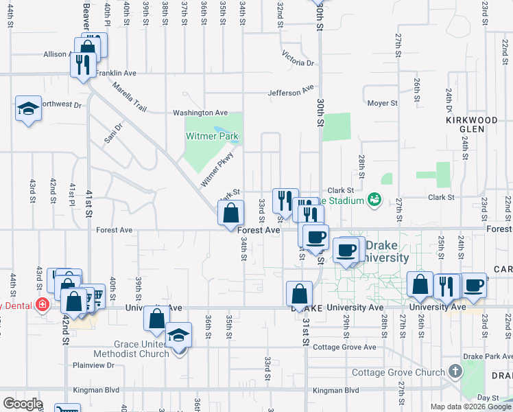 map of restaurants, bars, coffee shops, grocery stores, and more near 1441 34th Street in Des Moines