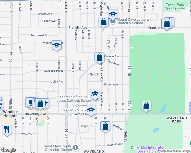 map of restaurants, bars, coffee shops, grocery stores, and more near 5821 Clark Street in Des Moines