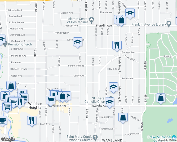 map of restaurants, bars, coffee shops, grocery stores, and more near 1443 63rd Street in Des Moines