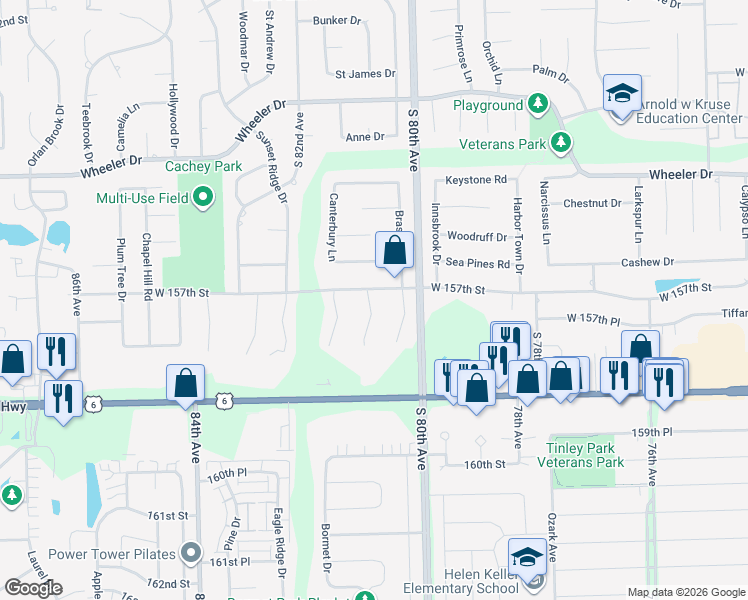 map of restaurants, bars, coffee shops, grocery stores, and more near 15701 Foxbend Court in Orland Park