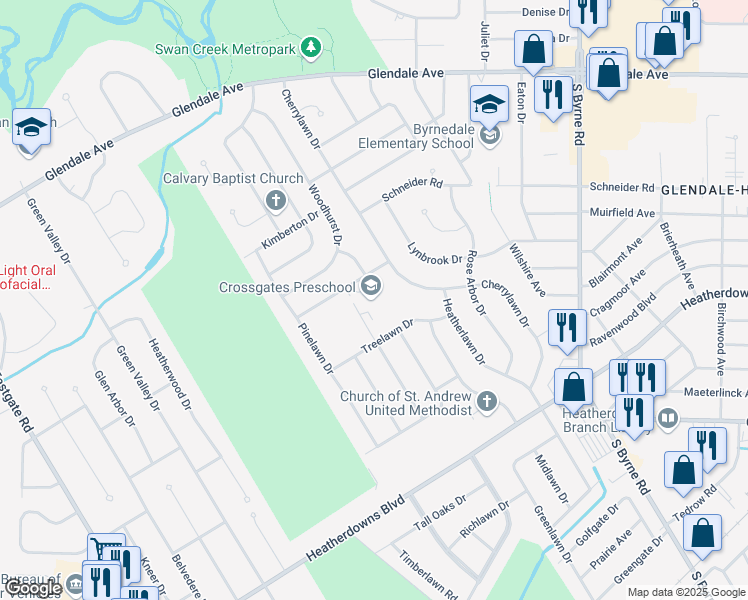 map of restaurants, bars, coffee shops, grocery stores, and more near 3901 Shadylawn Drive in Toledo