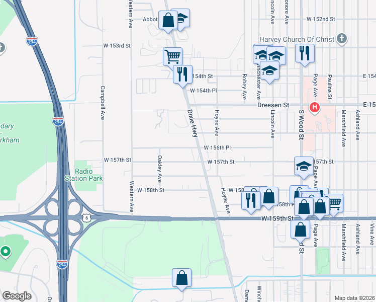 map of restaurants, bars, coffee shops, grocery stores, and more near 2206 West 156th Place in Markham