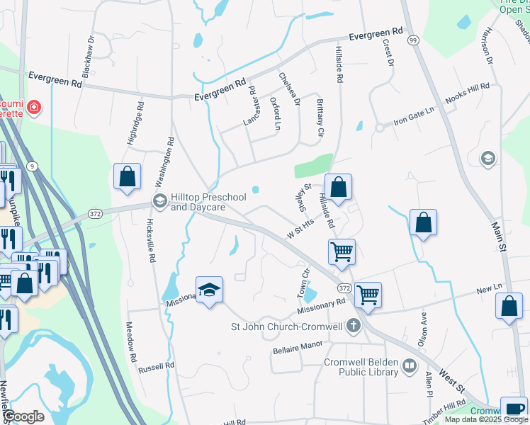 map of restaurants, bars, coffee shops, grocery stores, and more near 17 West Street Terrace in Cromwell