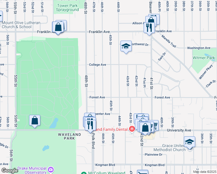 map of restaurants, bars, coffee shops, grocery stores, and more near 1440 45th Street in Des Moines