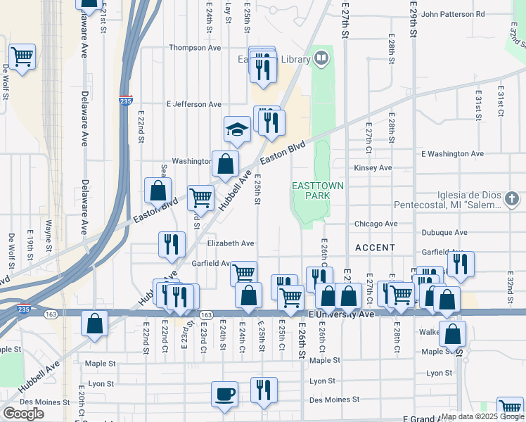 map of restaurants, bars, coffee shops, grocery stores, and more near 1421 East 25th Street in Des Moines