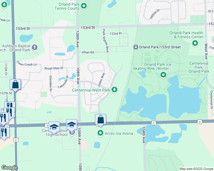 map of restaurants, bars, coffee shops, grocery stores, and more near 15630 Park Station Boulevard in Orland Park