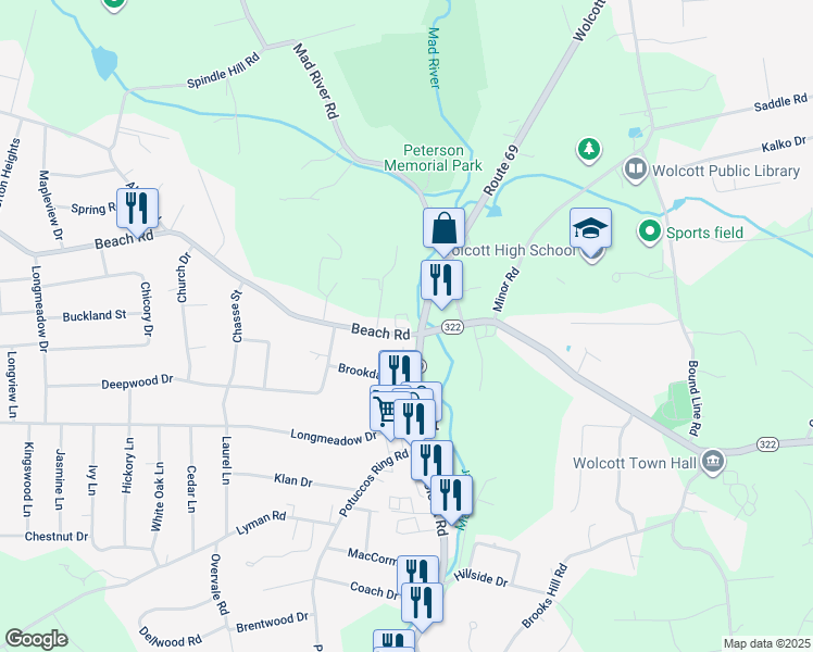 map of restaurants, bars, coffee shops, grocery stores, and more near 815 Wolcott Road in Wolcott