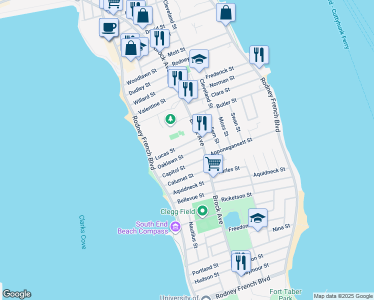 map of restaurants, bars, coffee shops, grocery stores, and more near 37 Lucas Street in New Bedford