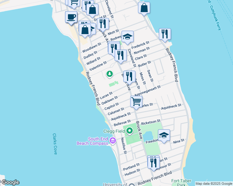 map of restaurants, bars, coffee shops, grocery stores, and more near 37 Lucas Street in New Bedford