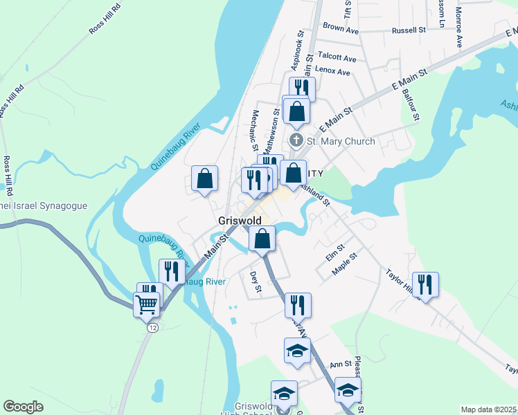 map of restaurants, bars, coffee shops, grocery stores, and more near 34 Main Street in Griswold