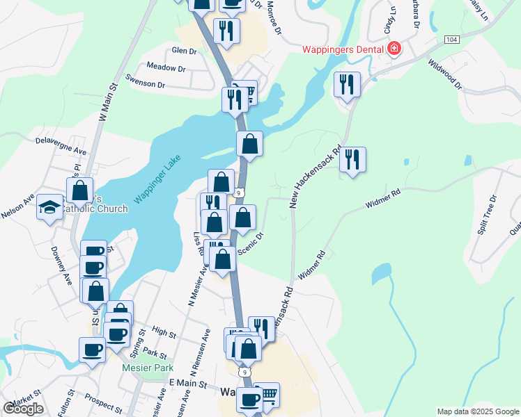 map of restaurants, bars, coffee shops, grocery stores, and more near 1713 Albany Post Road in Wappingers Falls