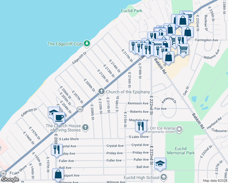 map of restaurants, bars, coffee shops, grocery stores, and more near 21200 Lakeshore Boulevard in Euclid