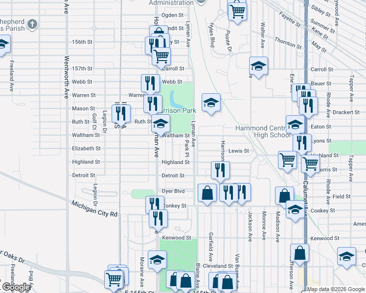 map of restaurants, bars, coffee shops, grocery stores, and more near 5937 Park Place in Hammond