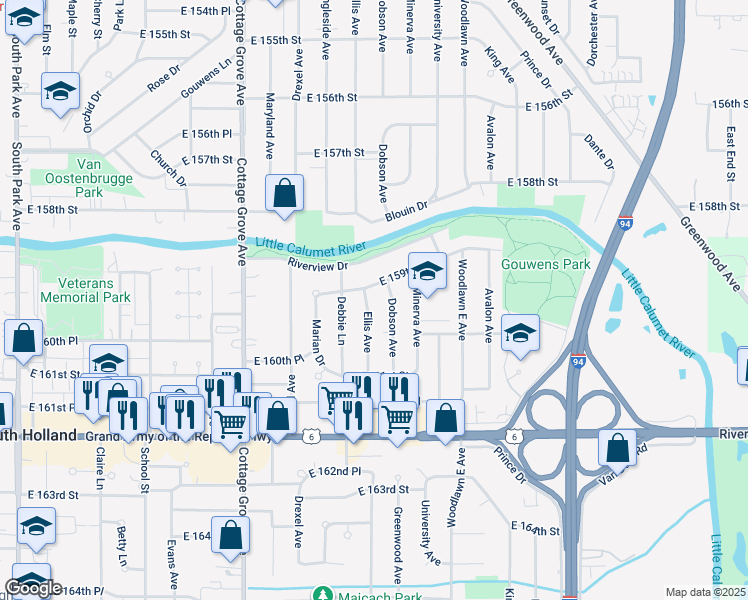 map of restaurants, bars, coffee shops, grocery stores, and more near 15933 Ellis Avenue in South Holland