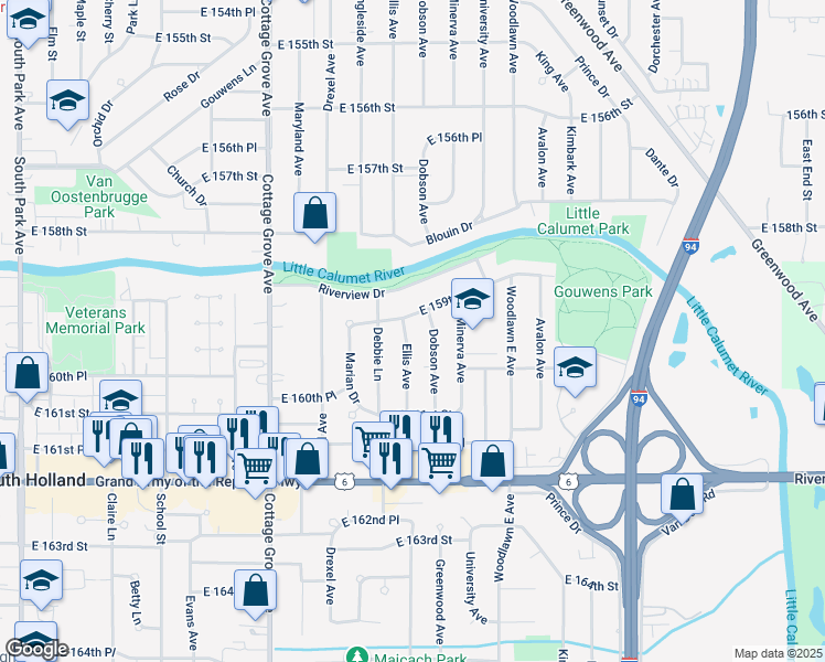 map of restaurants, bars, coffee shops, grocery stores, and more near 15933 Ellis Avenue in South Holland