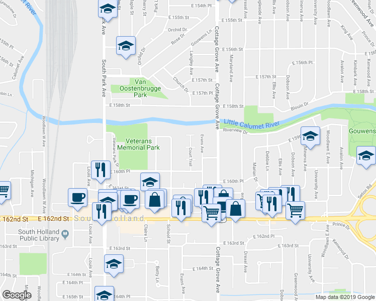 map of restaurants, bars, coffee shops, grocery stores, and more near 650 East 159th Place in South Holland