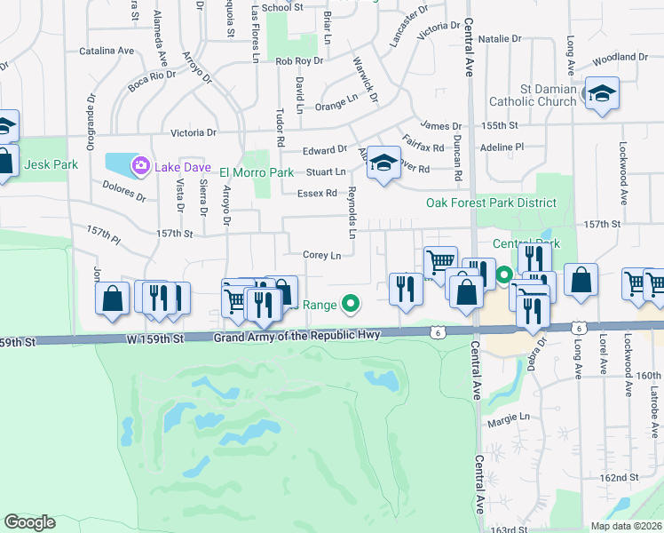 map of restaurants, bars, coffee shops, grocery stores, and more near 15729 Terrace Drive in Oak Forest