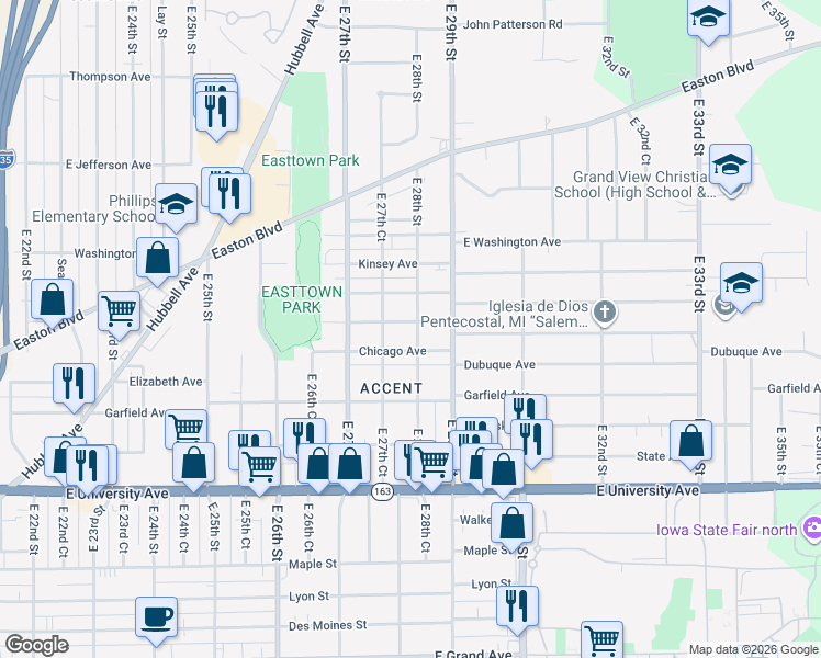 map of restaurants, bars, coffee shops, grocery stores, and more near 2770 Cleveland Avenue in Des Moines