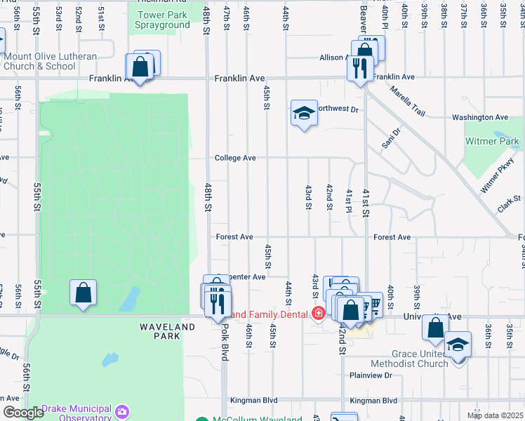 map of restaurants, bars, coffee shops, grocery stores, and more near 1440 45th Street in Des Moines