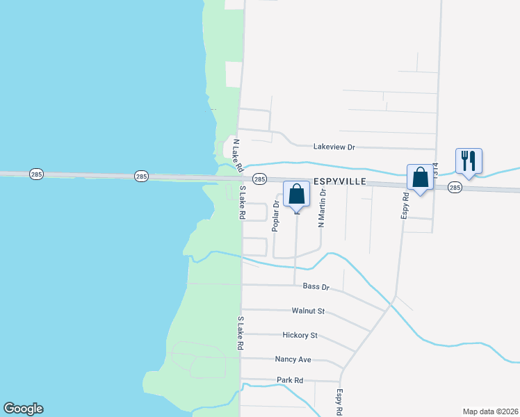 map of restaurants, bars, coffee shops, grocery stores, and more near 10592-10618 Horseshoe Drive in Linesville