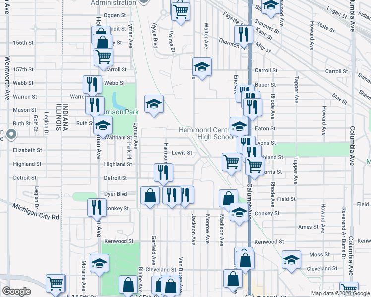 map of restaurants, bars, coffee shops, grocery stores, and more near 540 Waltham Street in Hammond
