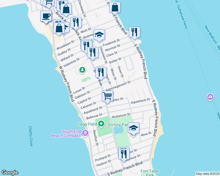 map of restaurants, bars, coffee shops, grocery stores, and more near 57 Fern Street in New Bedford