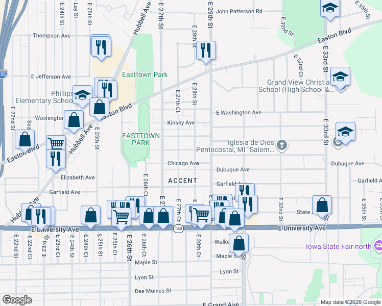 map of restaurants, bars, coffee shops, grocery stores, and more near 2770 Cleveland Avenue in Des Moines