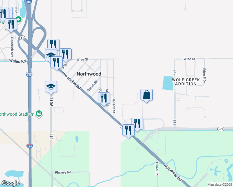 map of restaurants, bars, coffee shops, grocery stores, and more near 4299 Steck Street in Northwood