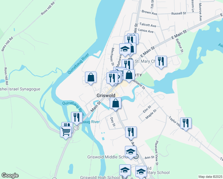 map of restaurants, bars, coffee shops, grocery stores, and more near 26 Main Street in Griswold