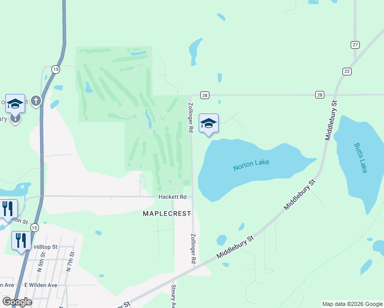 map of restaurants, bars, coffee shops, grocery stores, and more near 61200 Zollinger Road in Goshen