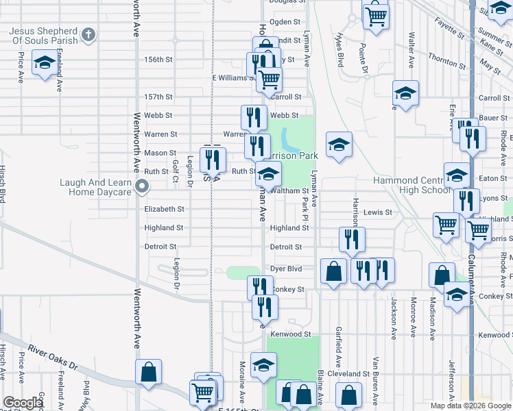map of restaurants, bars, coffee shops, grocery stores, and more near 5944 Hohman Avenue in Hammond