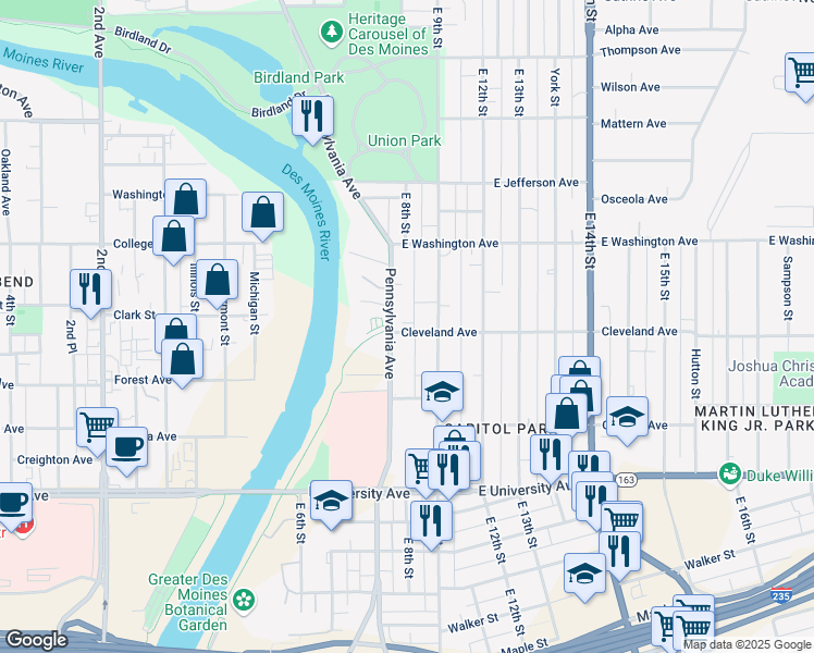 map of restaurants, bars, coffee shops, grocery stores, and more near 808 Cleveland Avenue in Des Moines