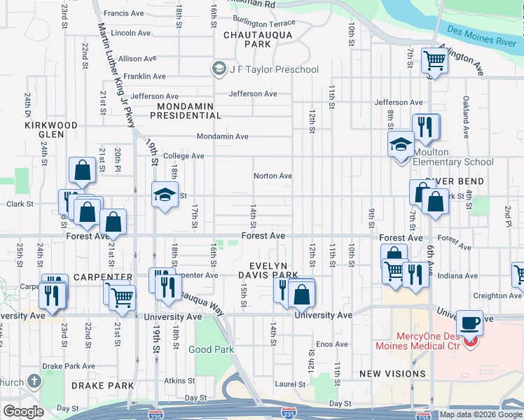 map of restaurants, bars, coffee shops, grocery stores, and more near 1338 Clark Street in Des Moines