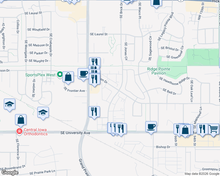 map of restaurants, bars, coffee shops, grocery stores, and more near 1170 Southeast Olson Drive in Waukee