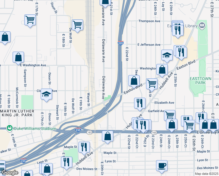 map of restaurants, bars, coffee shops, grocery stores, and more near 1440 East 21st Street in Des Moines