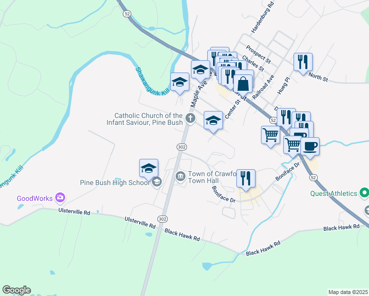 map of restaurants, bars, coffee shops, grocery stores, and more near 83 New York 302 in Pine Bush