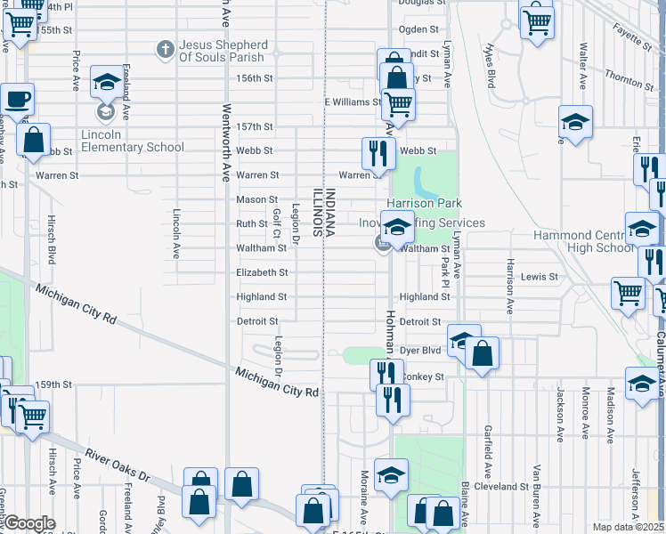 map of restaurants, bars, coffee shops, grocery stores, and more near 9 East Elizabeth Street in Hammond