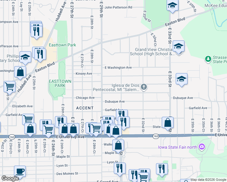 map of restaurants, bars, coffee shops, grocery stores, and more near 2960 Cleveland Avenue in Des Moines
