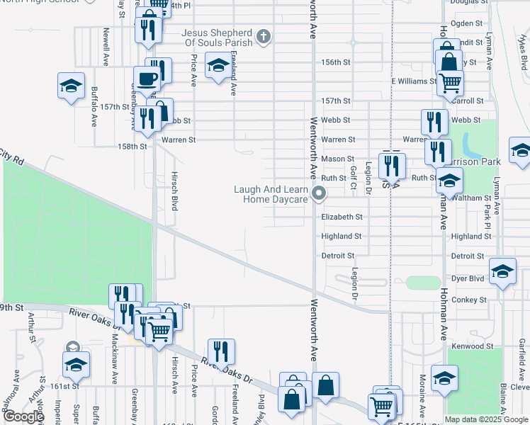 map of restaurants, bars, coffee shops, grocery stores, and more near 308 Elizabeth Street in Calumet City