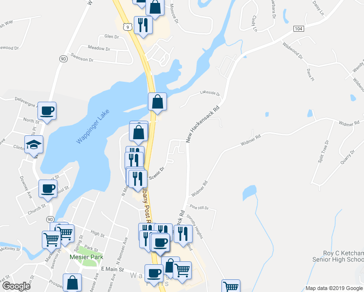 map of restaurants, bars, coffee shops, grocery stores, and more near 1668 Rte 9 in Wappingers Falls