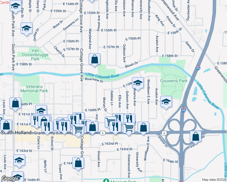 map of restaurants, bars, coffee shops, grocery stores, and more near 15931 Debbie Lane in South Holland