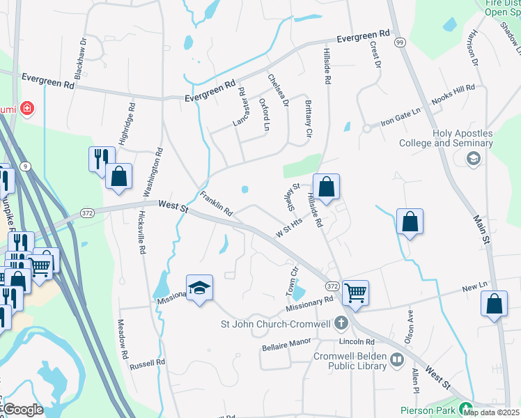 map of restaurants, bars, coffee shops, grocery stores, and more near 52 West Street Terrace in Cromwell