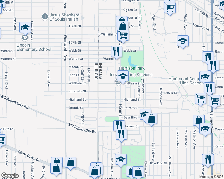 map of restaurants, bars, coffee shops, grocery stores, and more near 51 East Elizabeth Street in Hammond