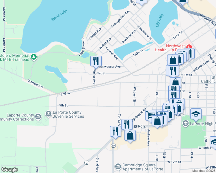 map of restaurants, bars, coffee shops, grocery stores, and more near 1524 2nd Street in La Porte